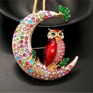 Red Owl/Moon Necklace/Brooch